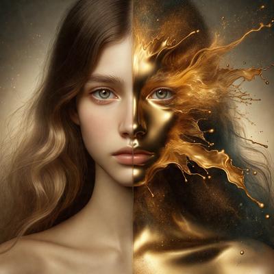The primary subject of the image is a woman with a gold and a regular face. The setting is a painting, and the visual style is digital art. The dominant colors are gold and yellow, creating a warm and vibrant atmosphere.